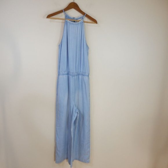 CLOTH & STONE Anthropologie Halter Neck Cropped JUMPSUIT Size S SMALL Blue NEW - Picture 2 of 9